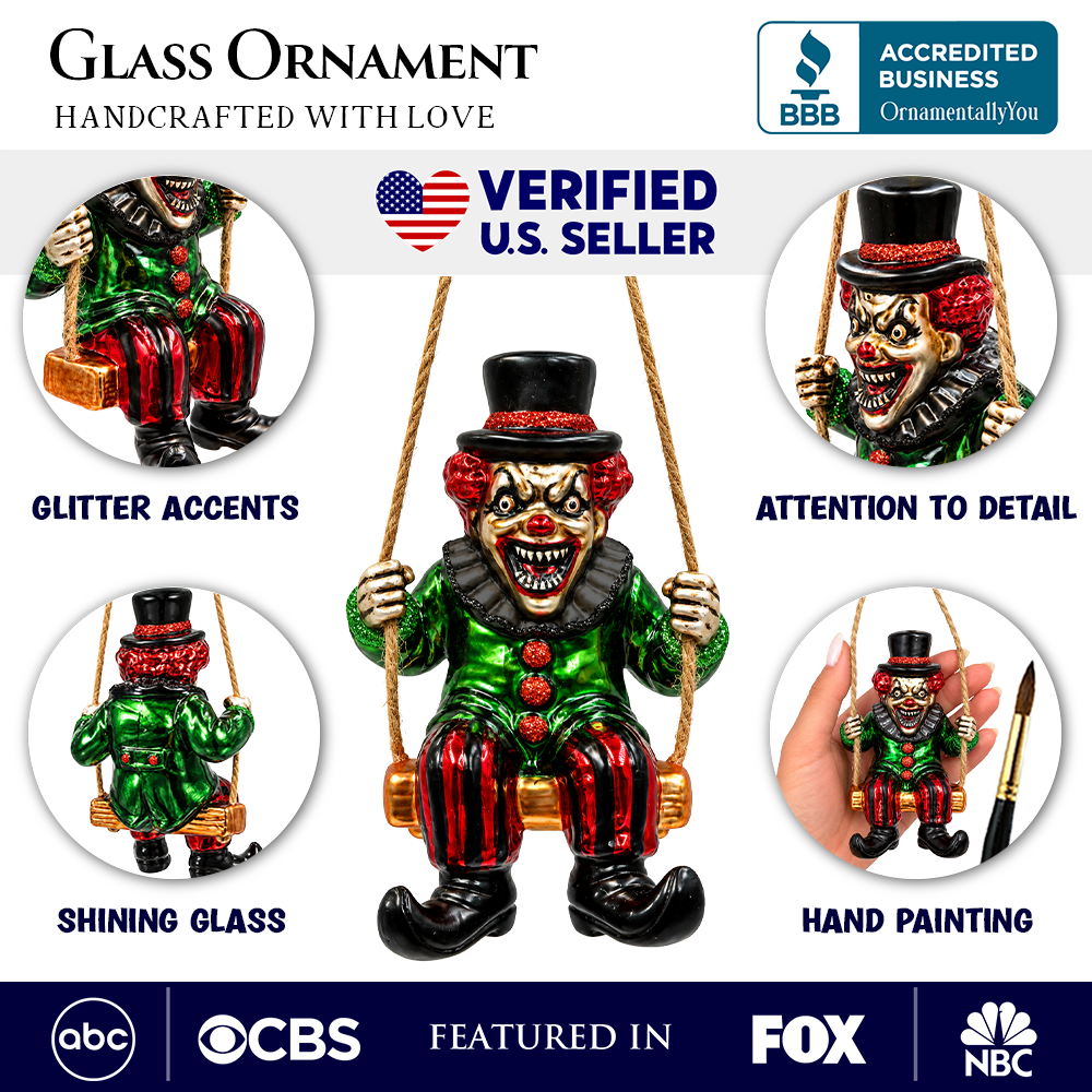 (PRE-ORDER) Evil Clown on Swing Glass Ornament, Creepy Carnival Horror Halloween Tree Decor