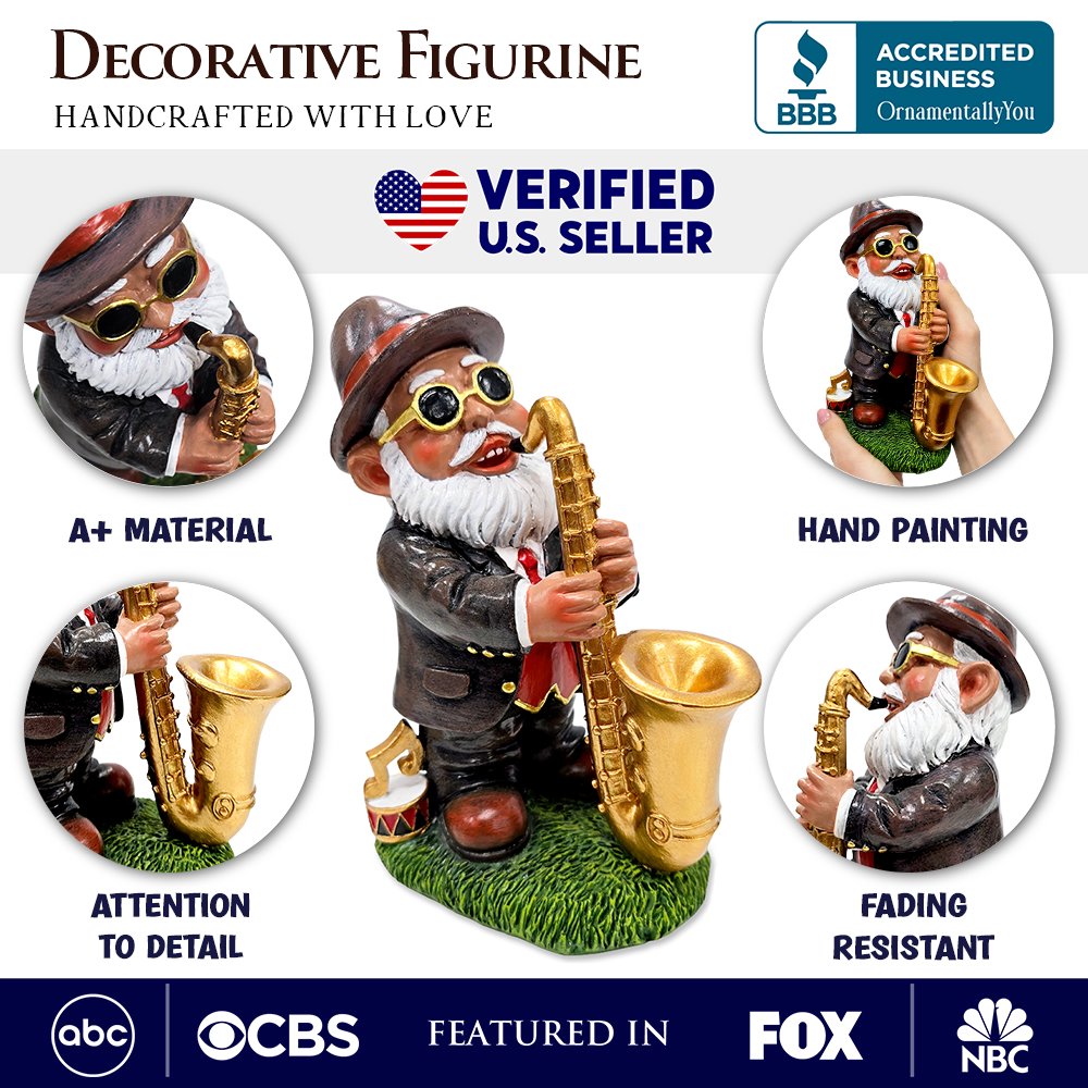 Jazzy Gnome Garden Statue, 8" Music Playing Dwarf Figurine Outdoor Decor
