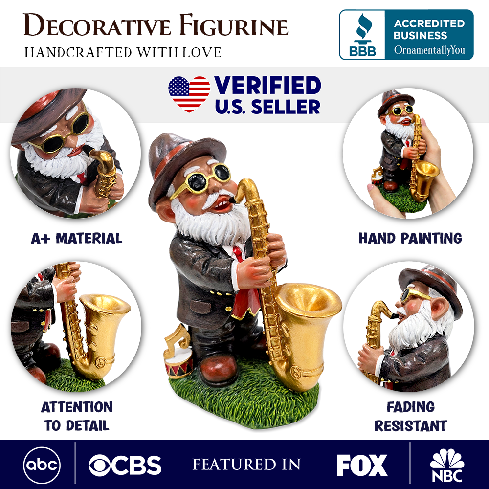 Jazzy Gnome Garden Statue, 8" Music Playing Dwarf Figurine Outdoor Decor