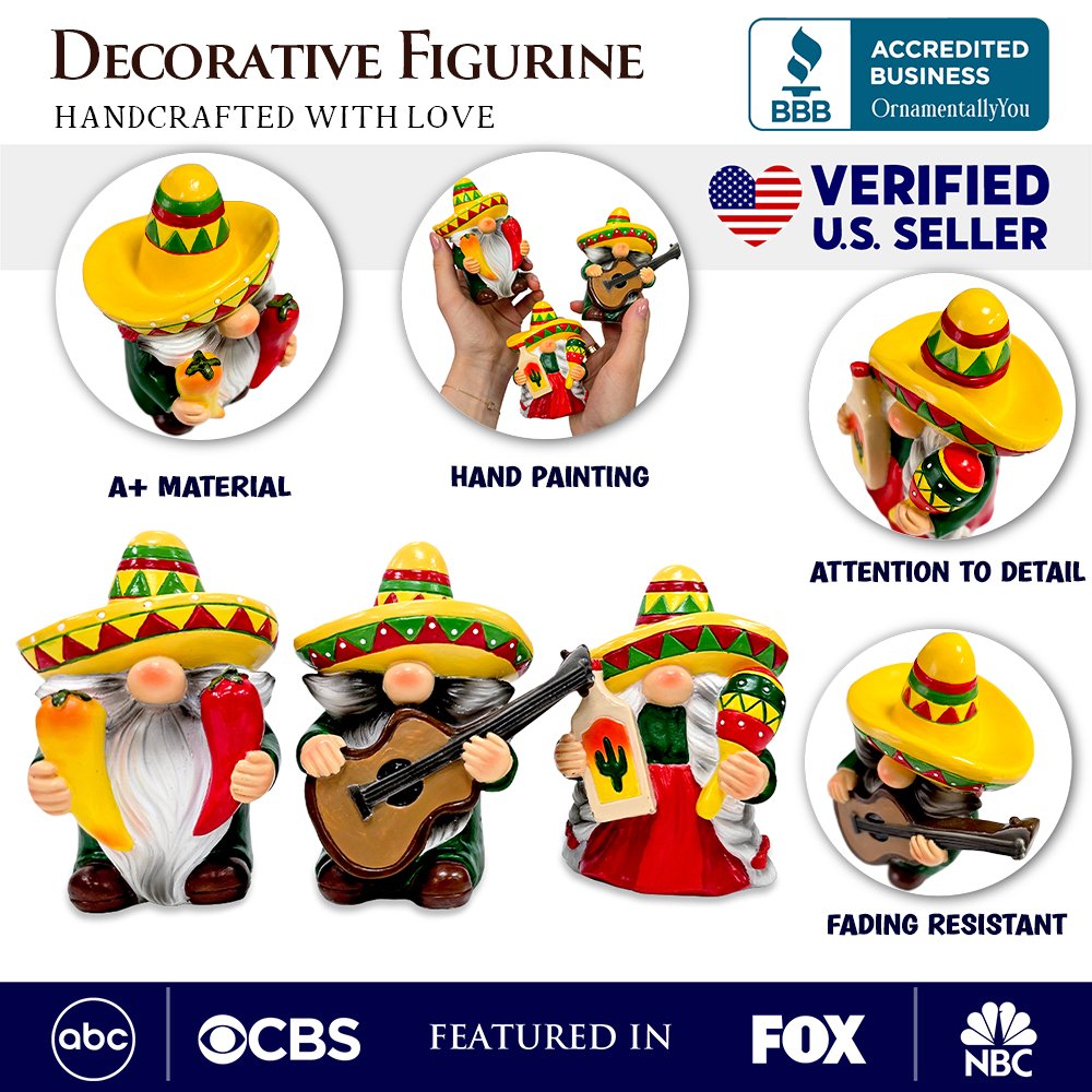 Mexican Gnome Garden Statue Set of 3, 4" Fiesta Dwarf Figurines Outdoor Decor