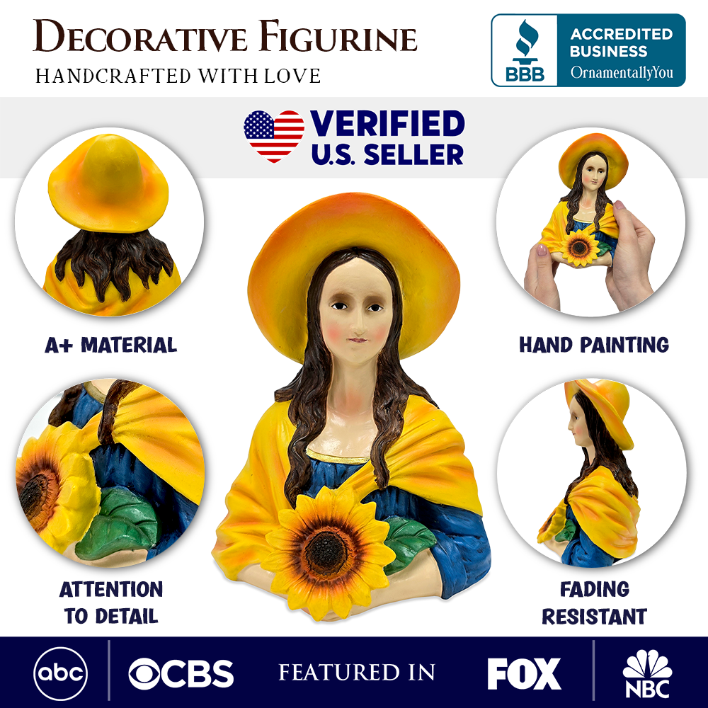 Mona Lisa The Sunflower Guardian Art Sculpture Figurine, 7" Spring Garden Statue and Leonardo Da Vinci Mix