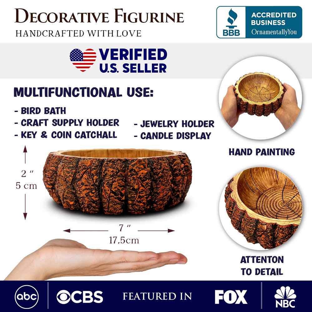 Nature's Basin Tree Bark Themed Bowl, 6" Resin Woodlandbasin Bird Bath Decor