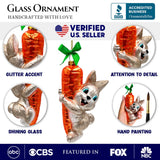 Playful Bunny Hanging on Carrot Glass Ornament, Christmas Gift for Kids