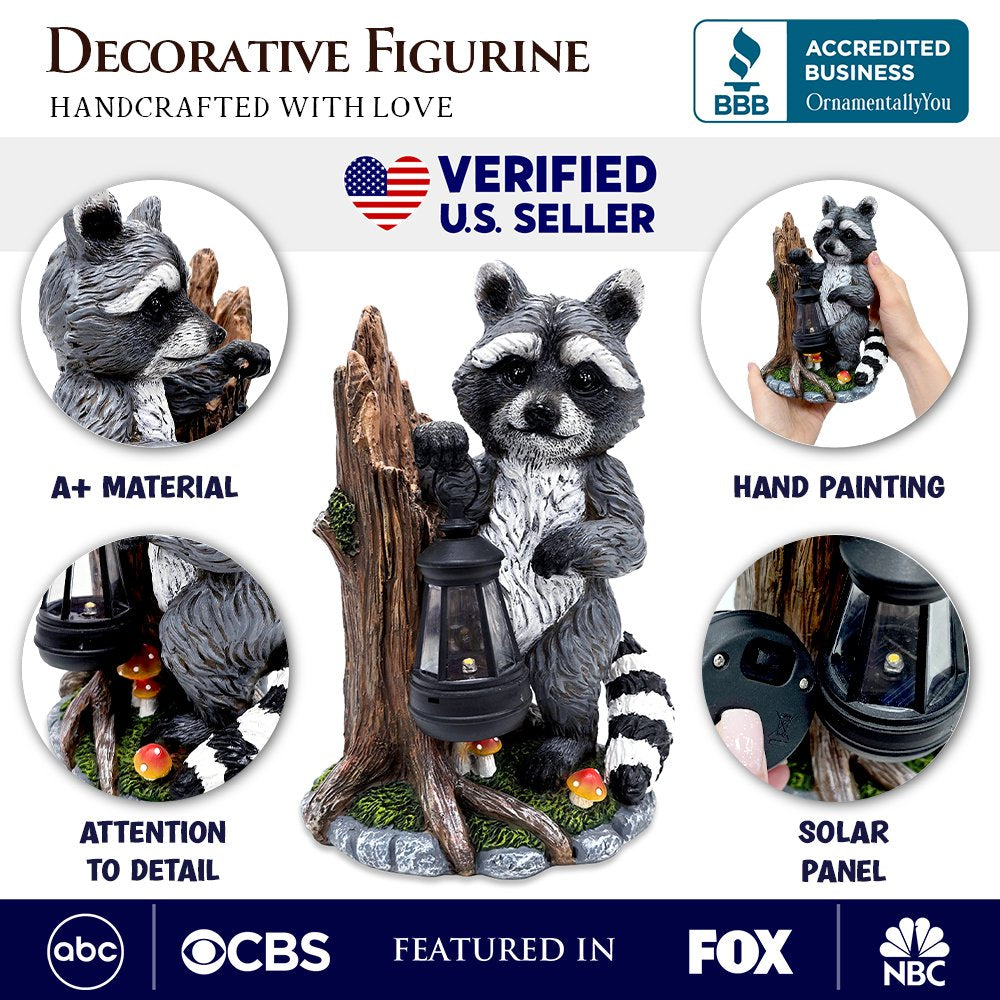 Raccoon Solar Lamp Garden Statue, 9" Lighted Animal Figurine Outdoor Decor