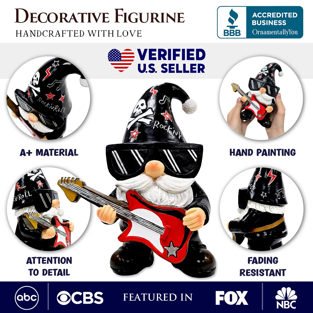 Rockstar Gnome Garden Statue, 7.5" Electric Guitar Playing Dwarf Figurine