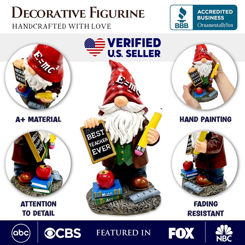Teacher Gnome Garden Statue, 10" Classroom Dwarf Figurine Appreciation Gift for Teachers