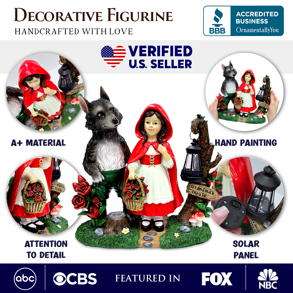 Solar Powered Little Red Riding Hood Garden Statue, 12" Lighted Fairy Tale Figurine Outdoor Decor