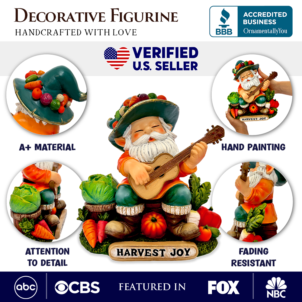 Veggie Farmer Gnome Figurine, 9" Ukulele Playing Vegetable Dwarf Garden Statue