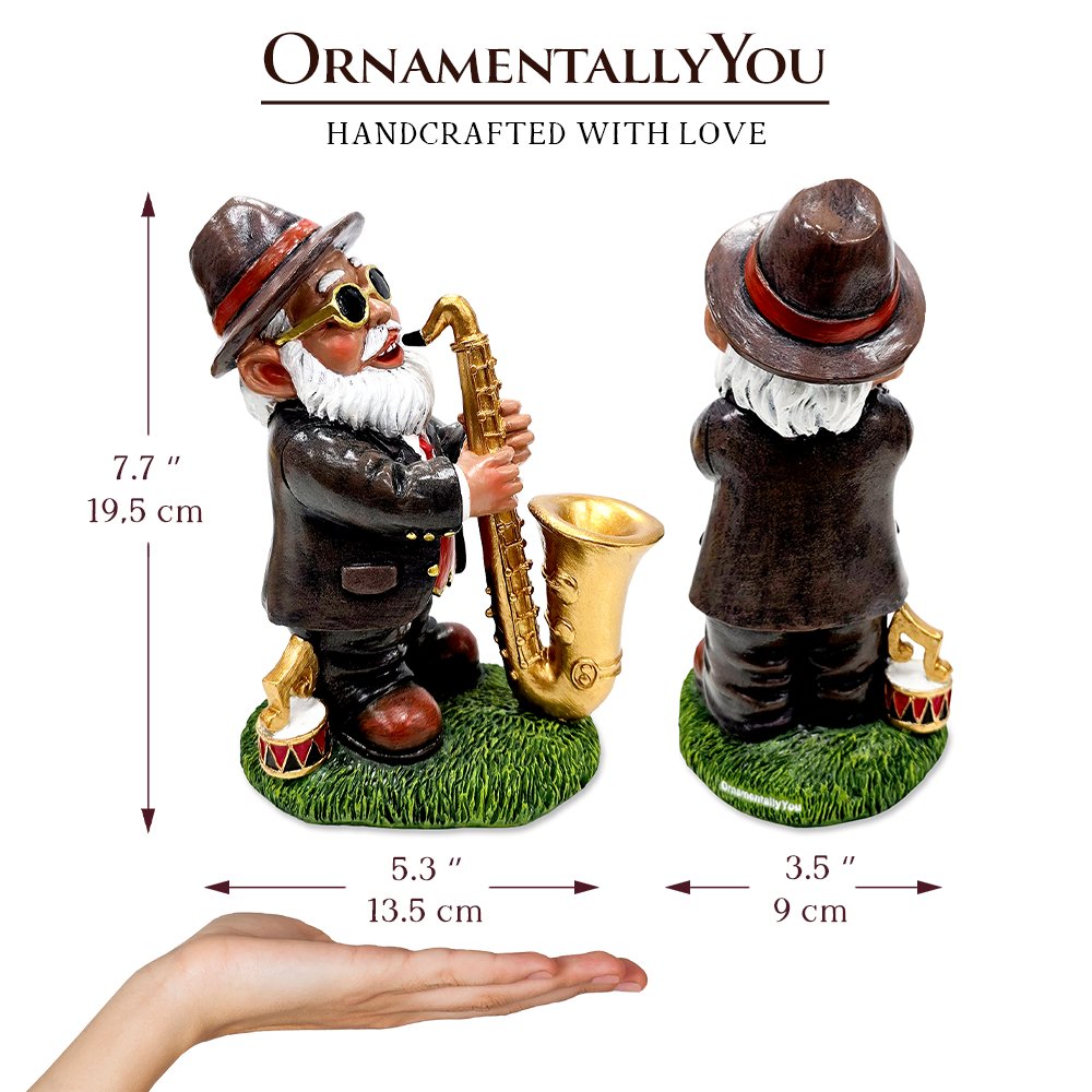 Jazzy Gnome Garden Statue, 8" Music Playing Dwarf Figurine Outdoor Decor