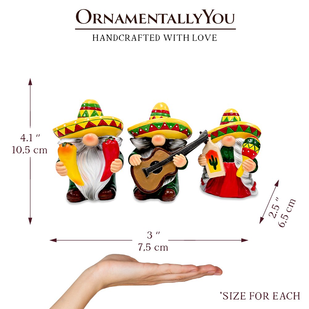 Mexican Gnome Garden Statue Set of 3, 4" Fiesta Dwarf Figurines Outdoor Decor