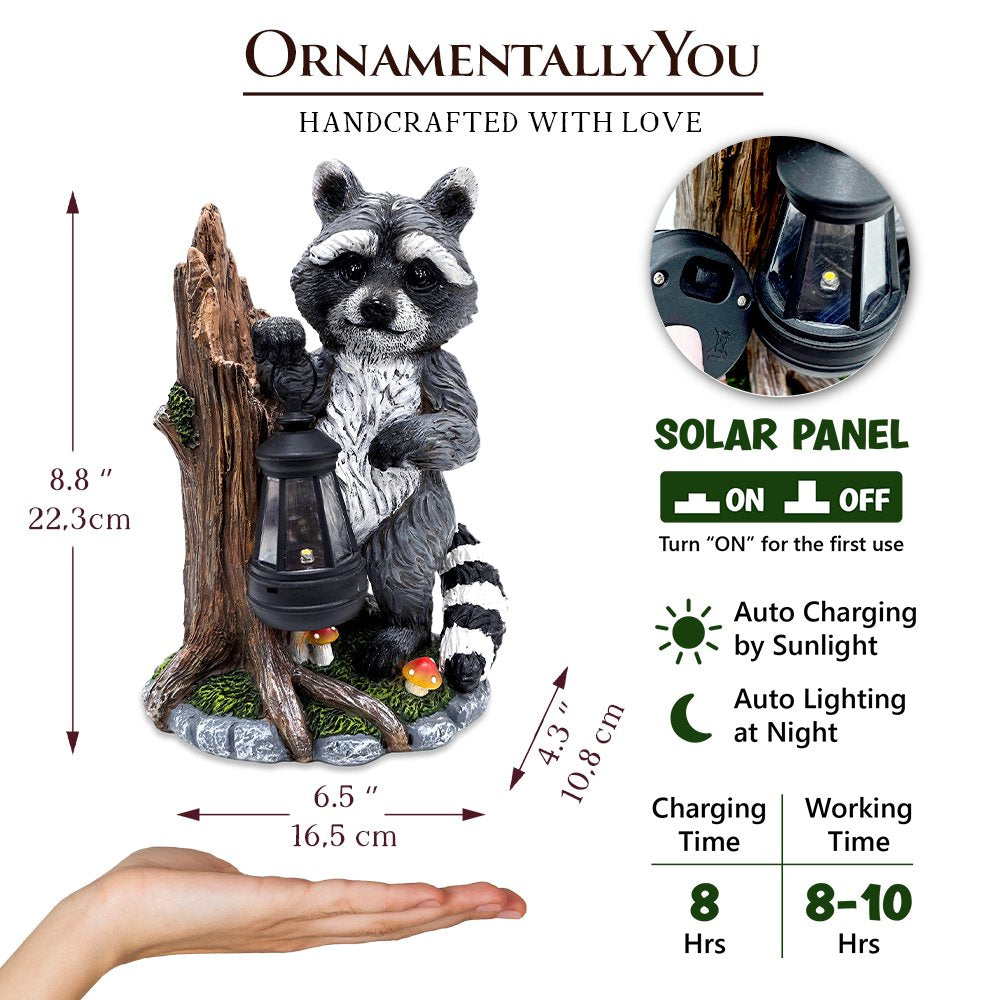 Raccoon Solar Lamp Garden Statue, 9" Lighted Animal Figurine Outdoor Decor