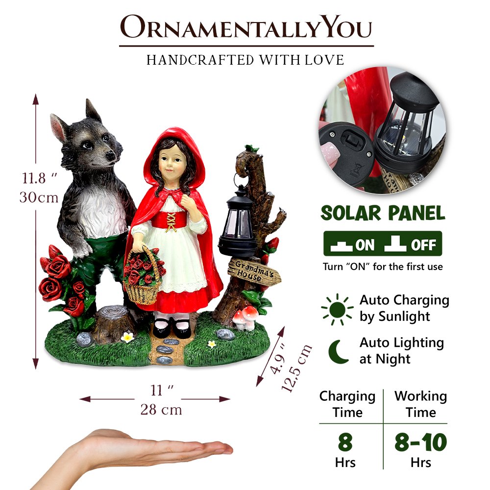 Solar Powered Little Red Riding Hood Garden Statue, 12" Lighted Fairy Tale Figurine Outdoor Decor