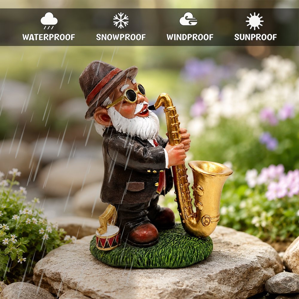 Jazzy Gnome Garden Statue, 8" Music Playing Dwarf Figurine Outdoor Decor