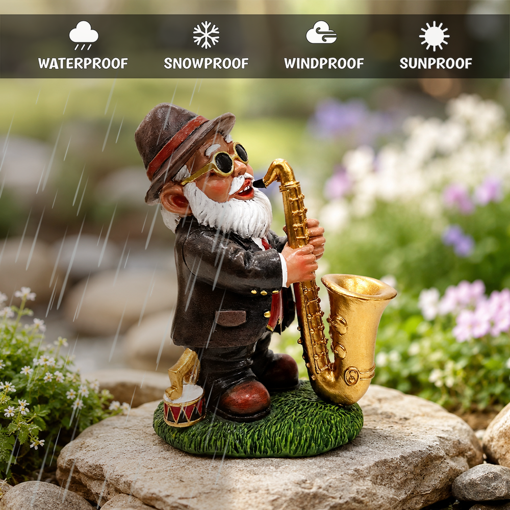Jazzy Gnome Garden Statue, 8" Music Playing Dwarf Figurine Outdoor Decor