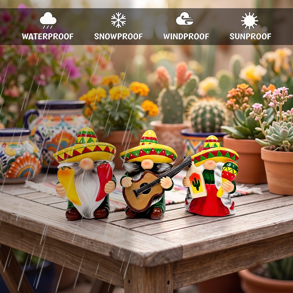Mexican Gnome Garden Statue Set of 3, 4" Fiesta Dwarf Figurines Outdoor Decor
