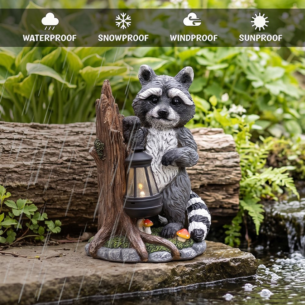 Raccoon Solar Lamp Garden Statue, 9" Lighted Animal Figurine Outdoor Decor
