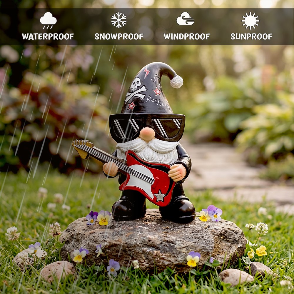 Rockstar Gnome Garden Statue, 7.5" Electric Guitar Playing Dwarf Figurine