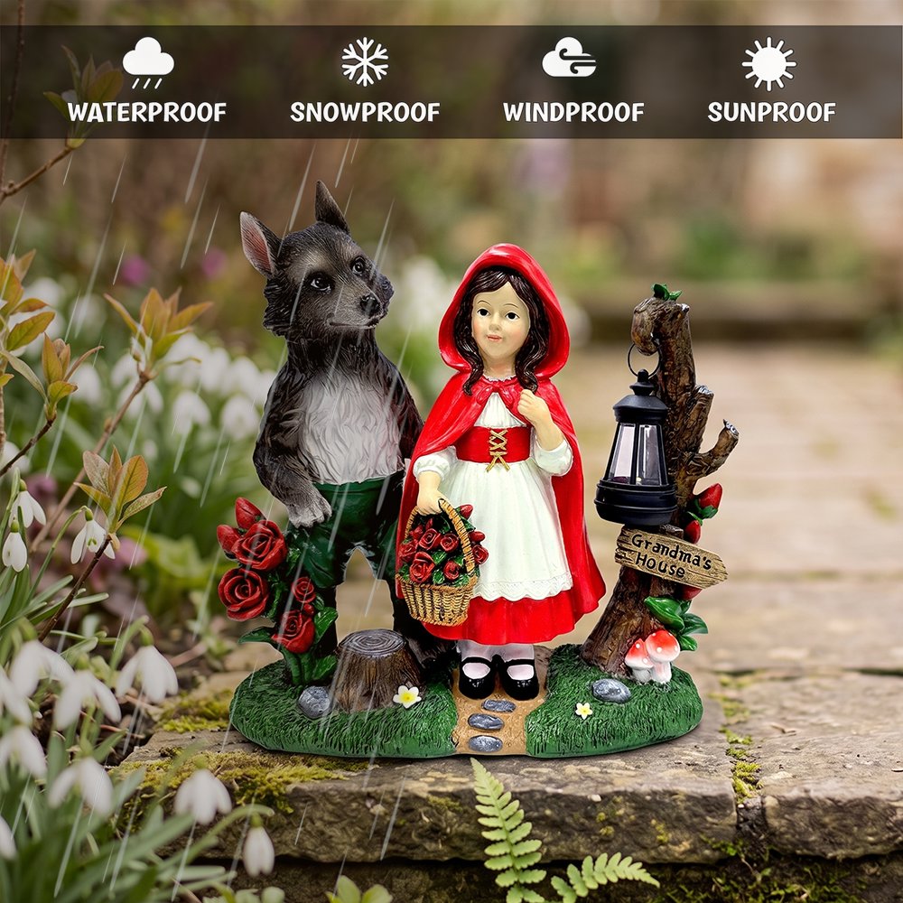Solar Powered Little Red Riding Hood Garden Statue, 12" Lighted Fairy Tale Figurine Outdoor Decor