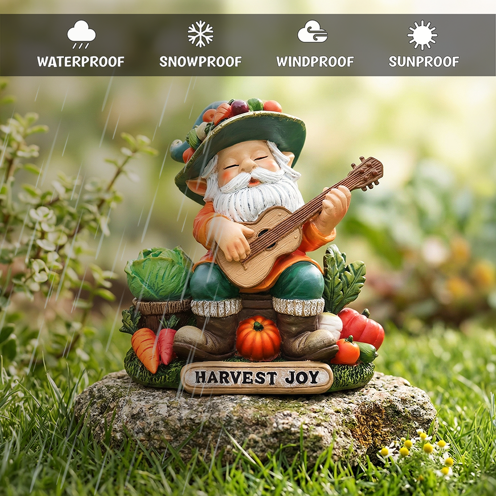 Veggie Farmer Gnome Figurine, 9" Ukulele Playing Vegetable Dwarf Garden Statue