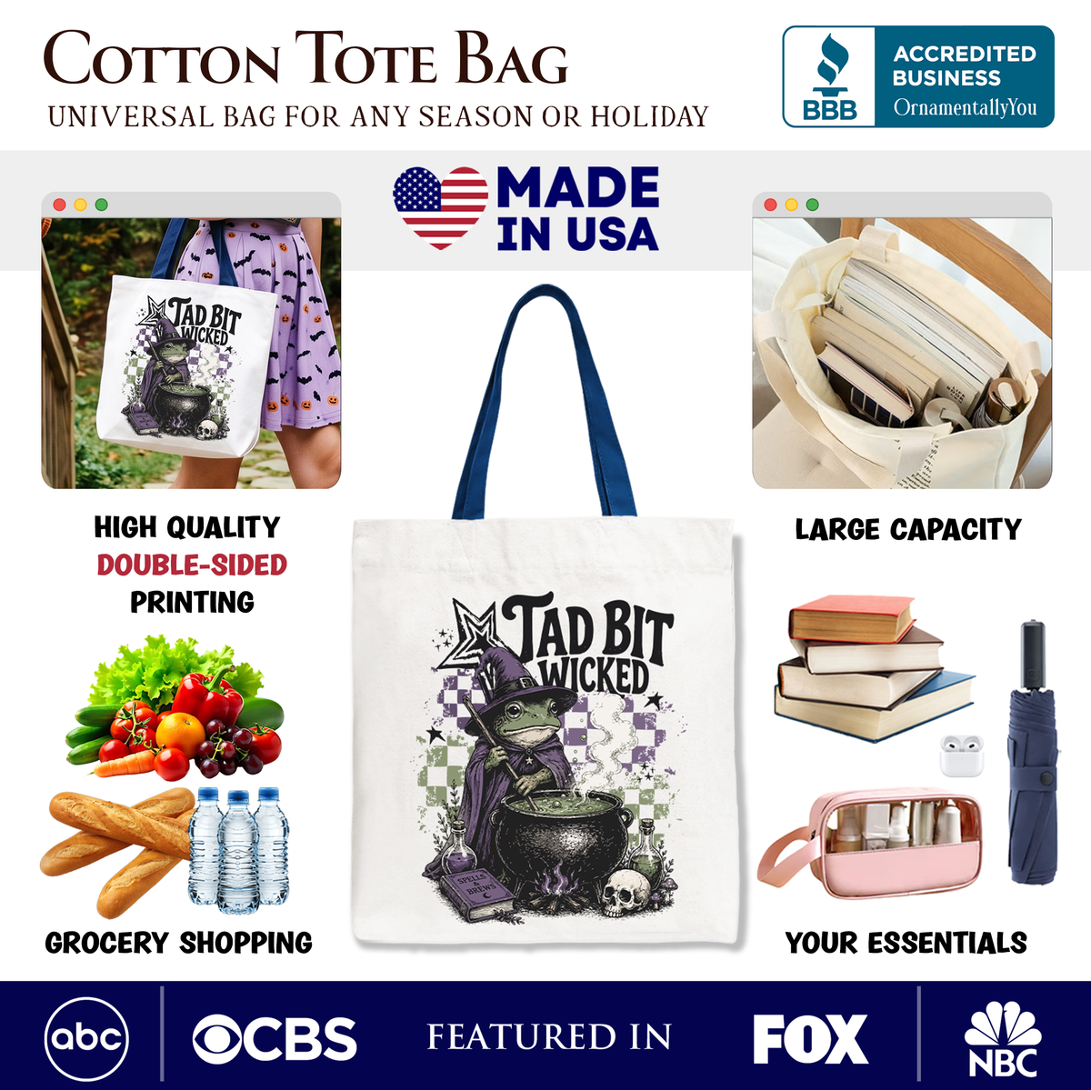 Tad Bit Wicked Frog Witch Tote Bag, Spooky Halloween Cauldron Gift Shopper