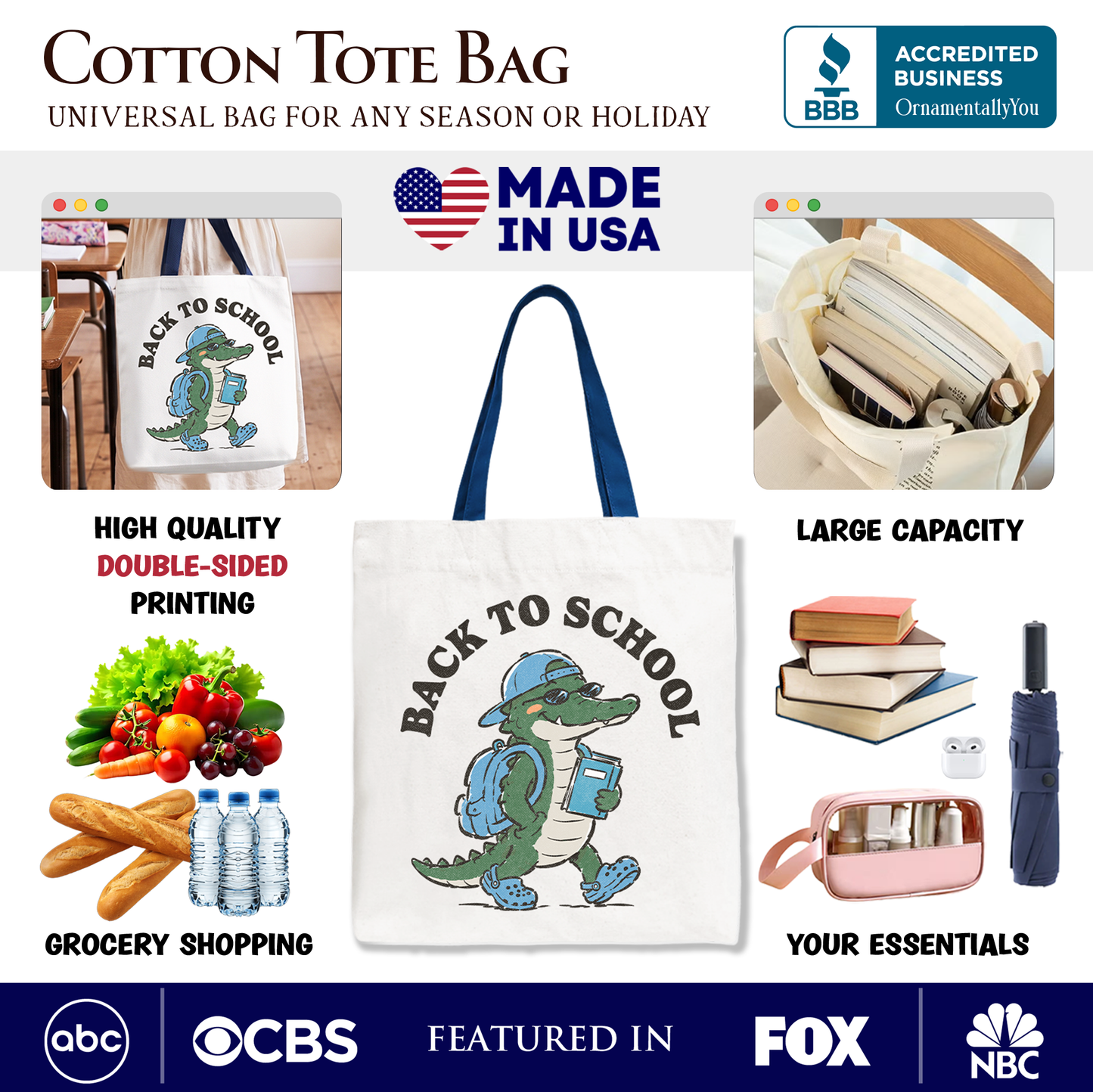 Alligator Back to School Tote Bag, Cool Gift Shopper for Teachers or Student