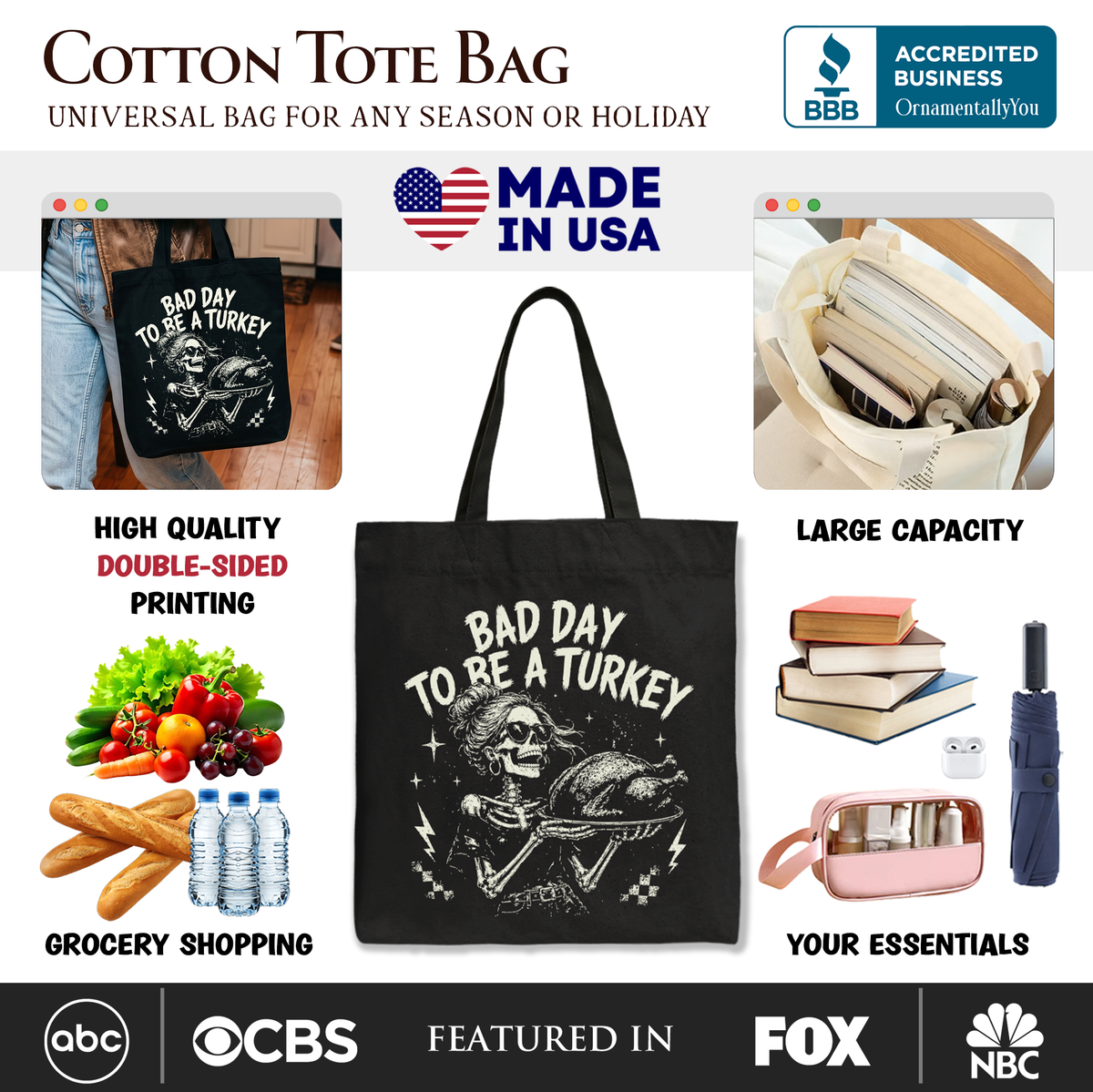 Bad Day to Be a Turkey Tote Bag, Funny Vintage Thanksgiving Skeleton Gift Shopper