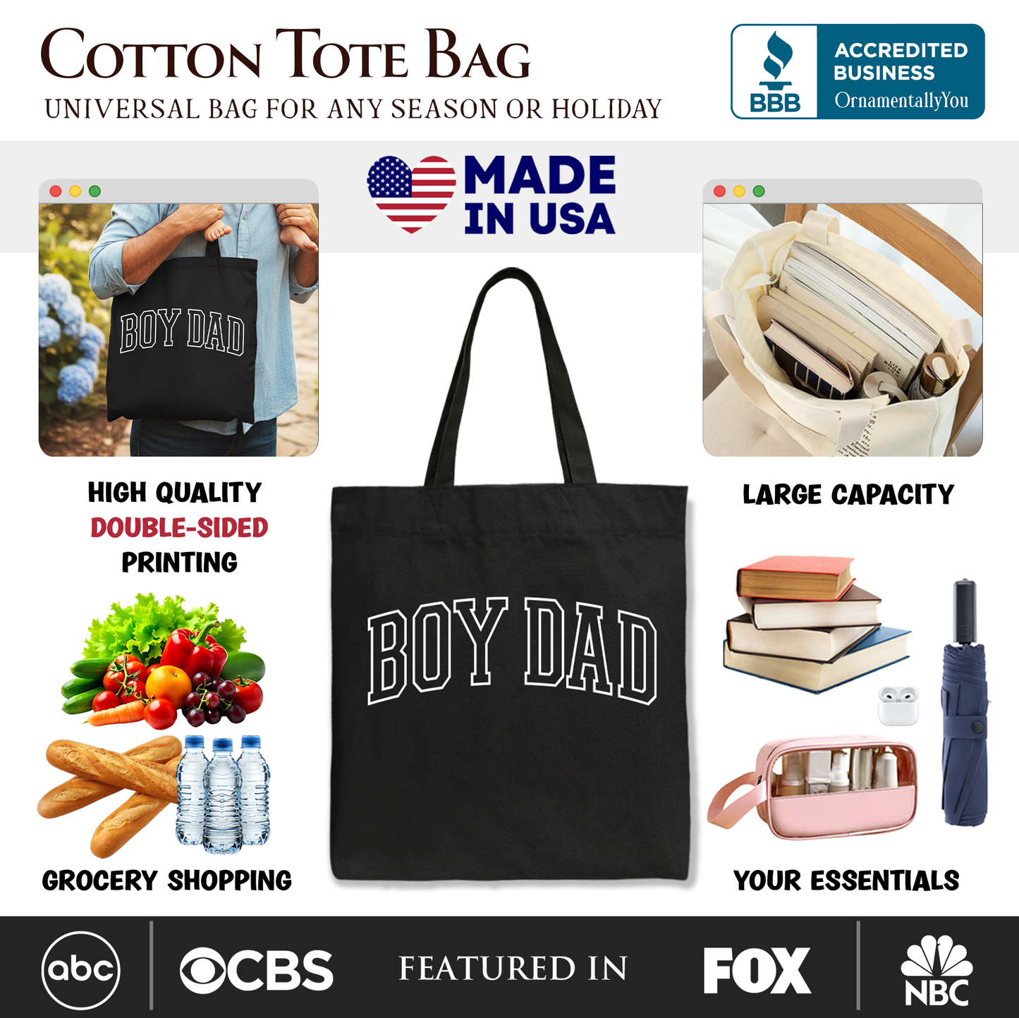 Boy Dad Varsity Tote Bag, Father's Day Gift Shopper