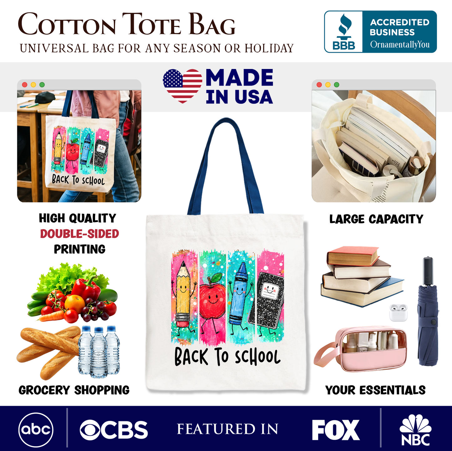 Brushstroke Back to School Tote Bag, Apple Pencil Notebook Gift Shopper for Teachers