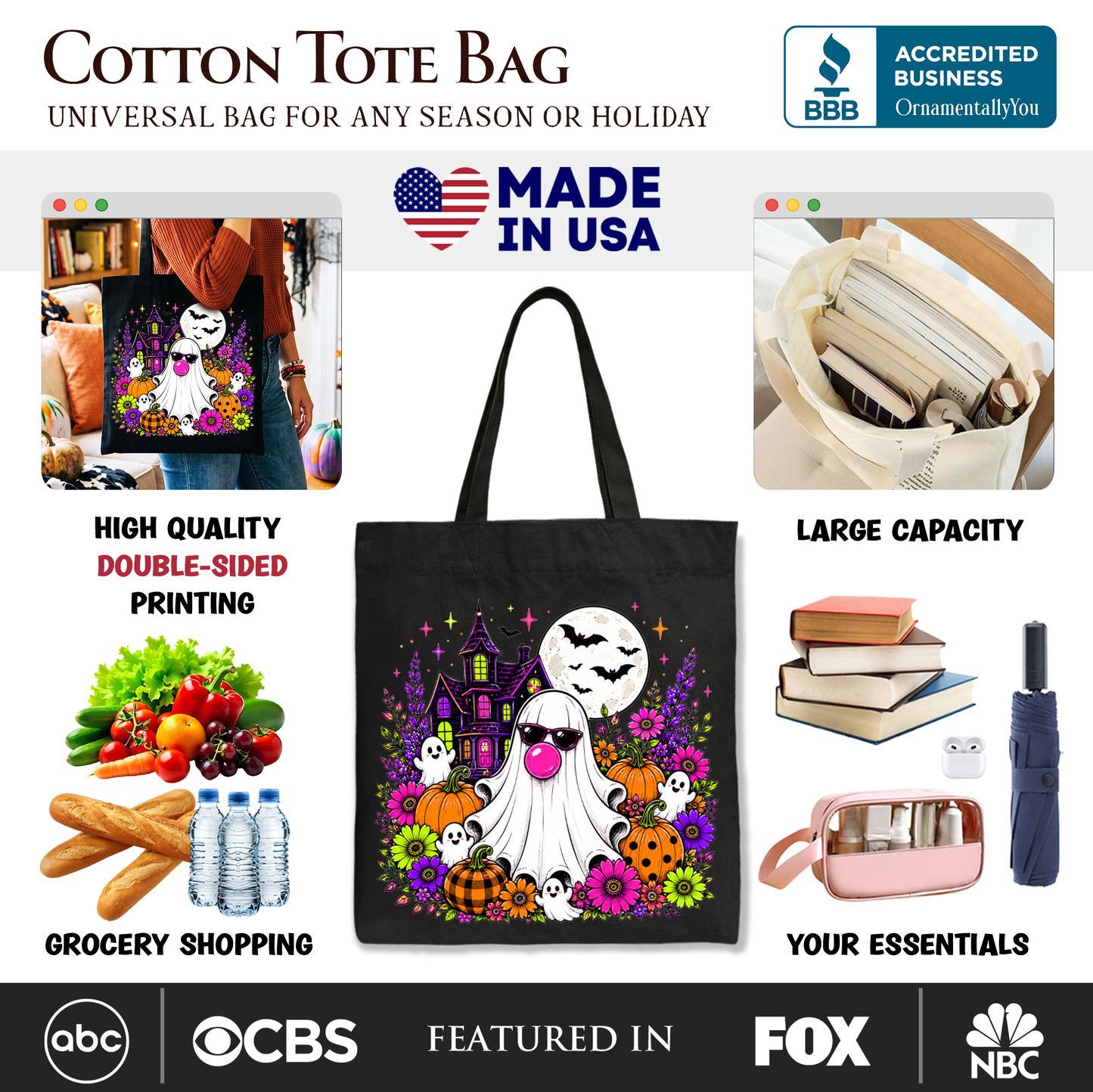 Bubblegum Ghost Haunted House Tote Bag, Colorful Floral Halloween Pumpkin Gift Shopper
