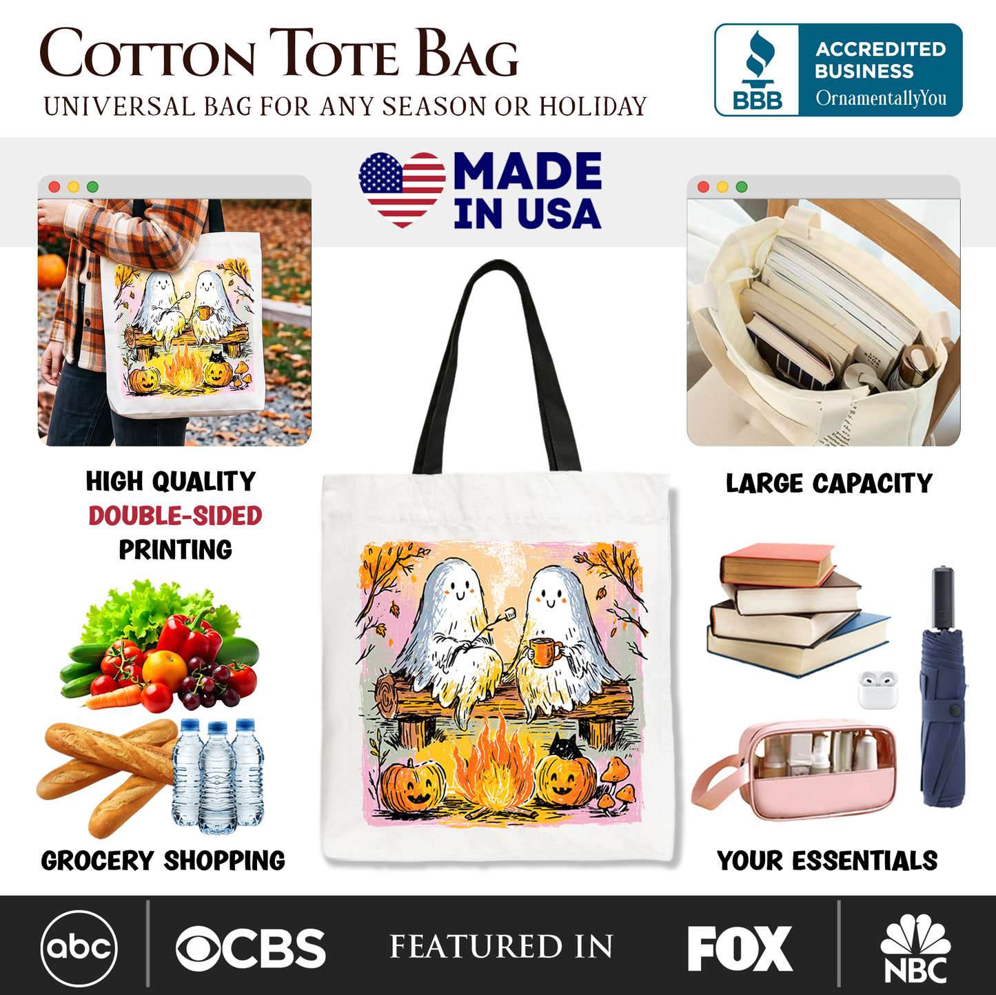 Cozy Campfire Ghosts Tote Bag, Fall Halloween Pumpkin Gift Shopper