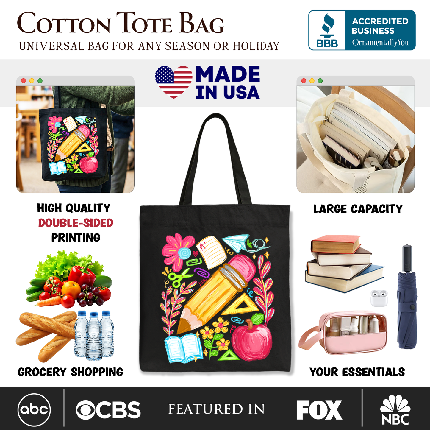 Floral Teacher Pencil Tote Bag, Colorful Back to School Gift Shopper