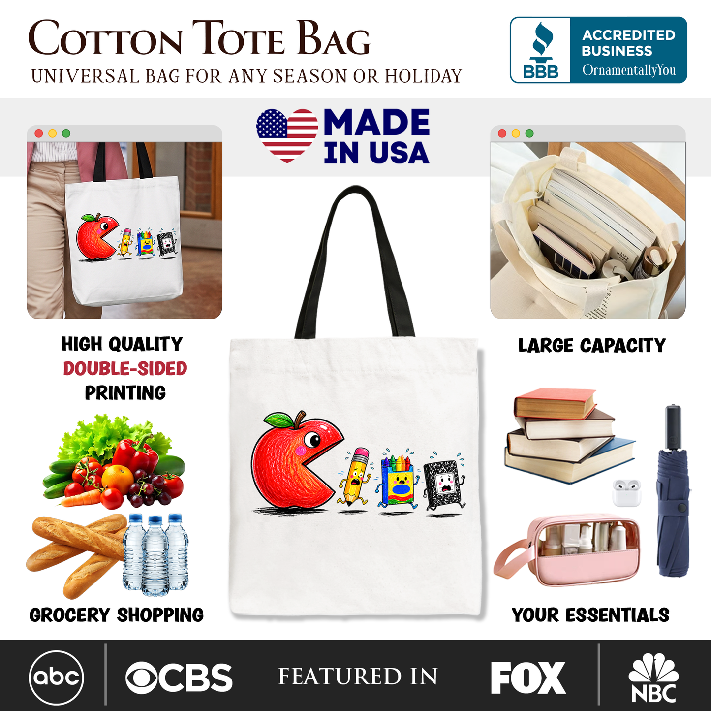 Funny Apple 1st Day of School Tote Bag, Gift Shopper for Teacher