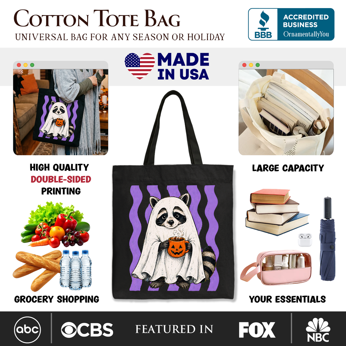 Ghost Costume Raccoon Tote Bag, Halloween Pumpkin Coffee Mug Gift Shopper