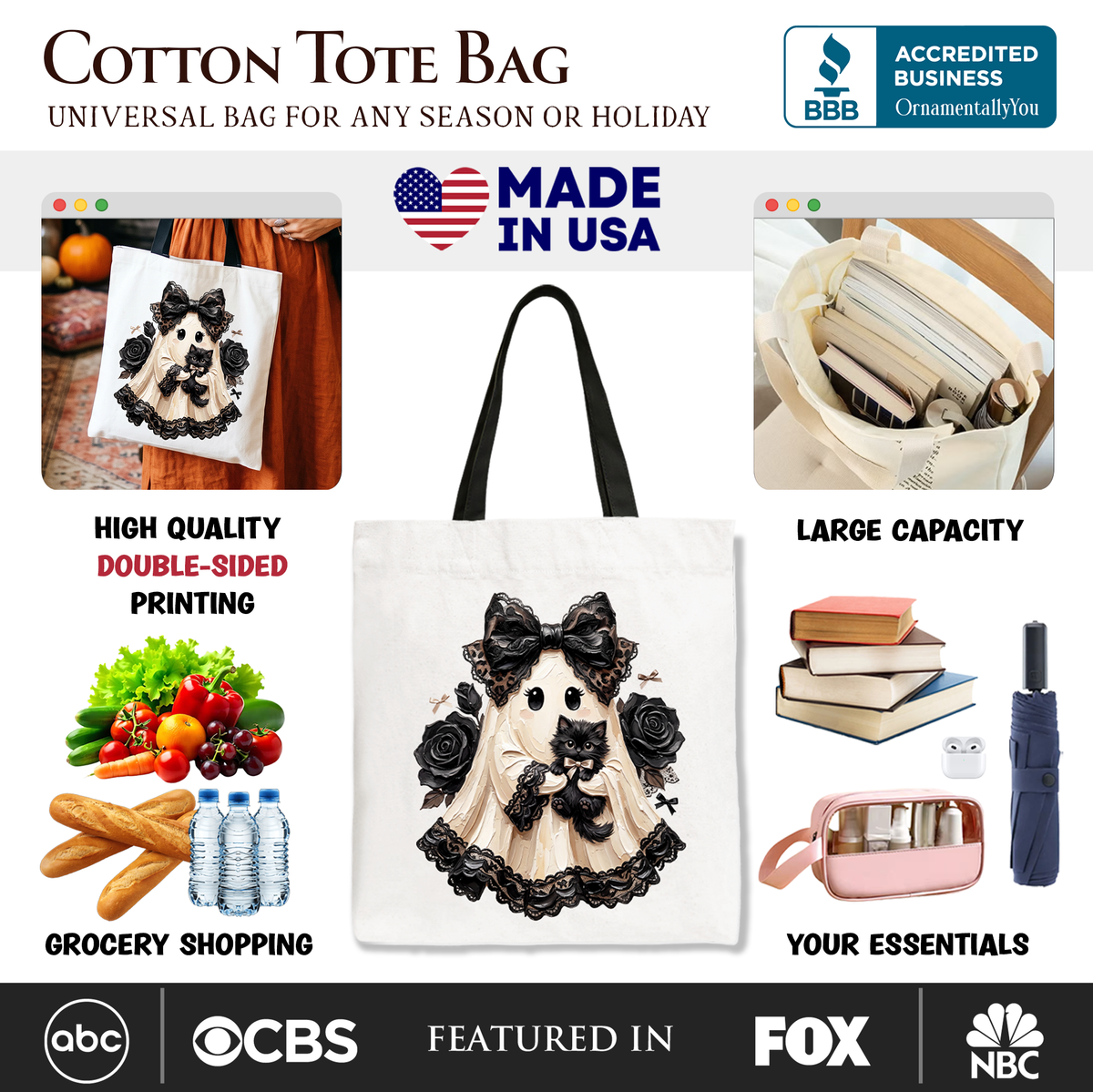 Gothic Ghost with Black Cat Tote Bag, Black Rose Coquette Halloween Gift Shopper