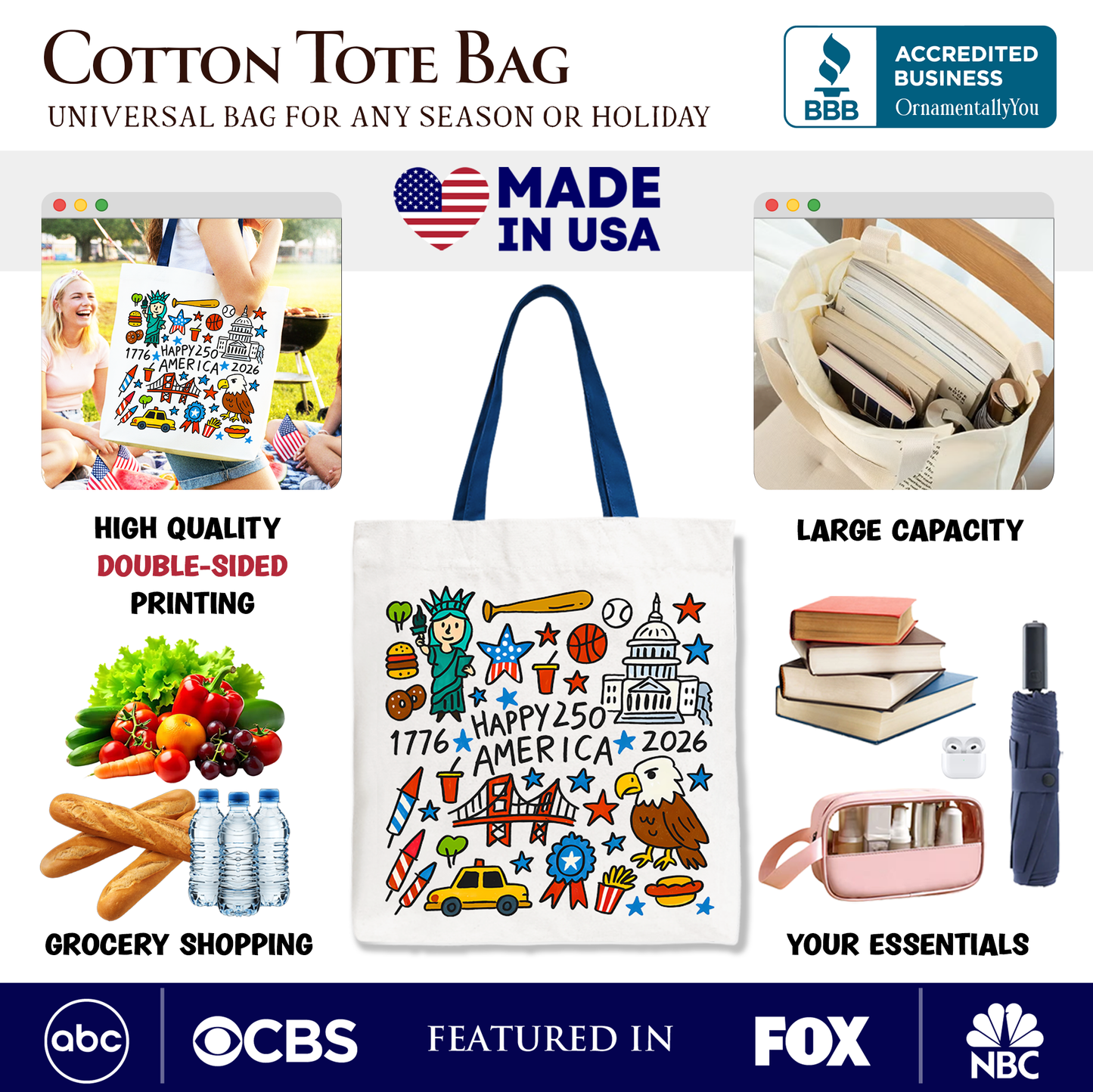 Happy 250 America Doodle Tote Bag, Patriotic USA 1776-2026 250th Anniversary Gift Shopper