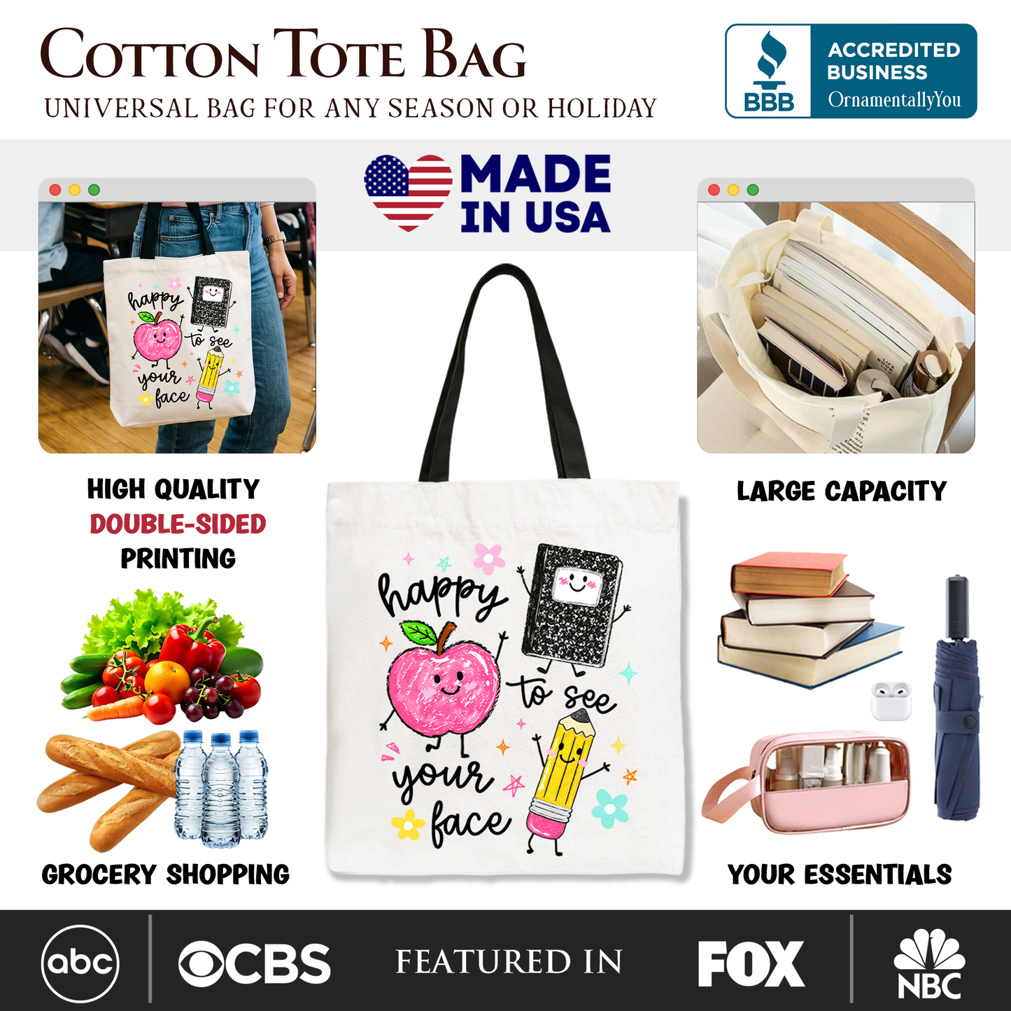 Happy to See Your Face Tote Bag, Cute Back to School Teachers Gift Shopper