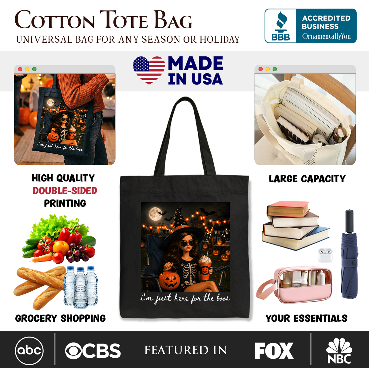 I’m Just Here for the Boos Witch Tote Bag, Funny Halloween Party Gift Shopper