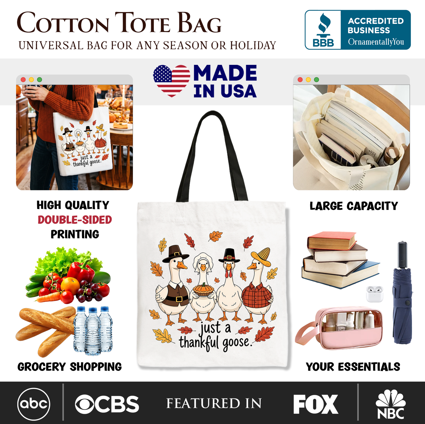 Just a Thankful Goose Tote Bag, Funny Thanksgiving Family Turkey Day Gift Shopper