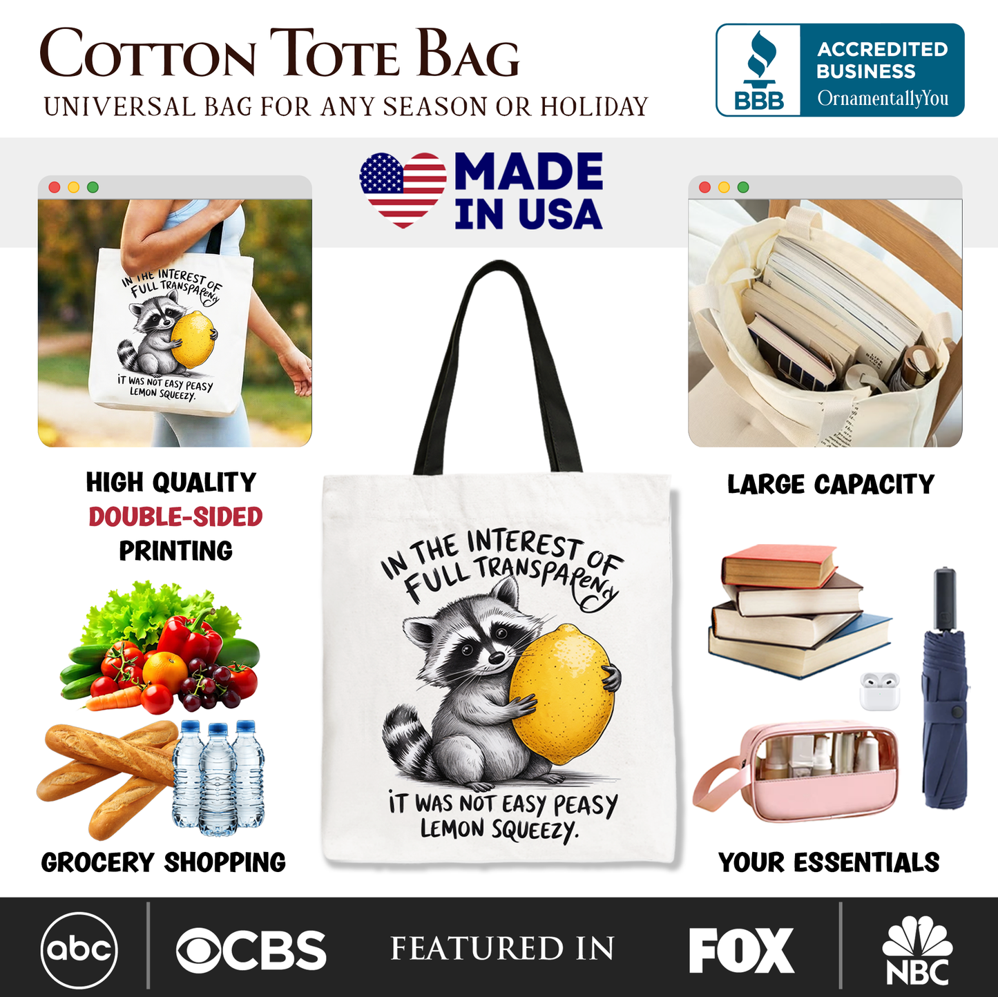 Lemon Squeezy Raccoon Tote Bag, Funny Gift Shopper for Sarcastic People