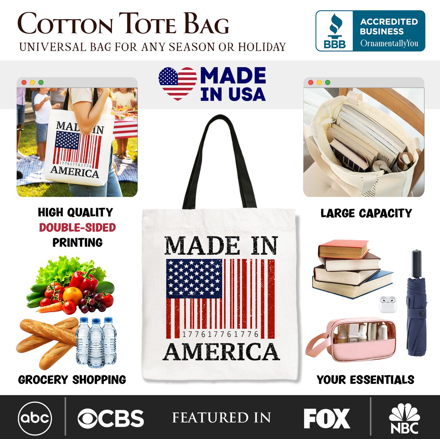 Made In America Bar Code Flag Tote Bag, Patriotic 1776 USA 250th Anniversary Gift Shopper