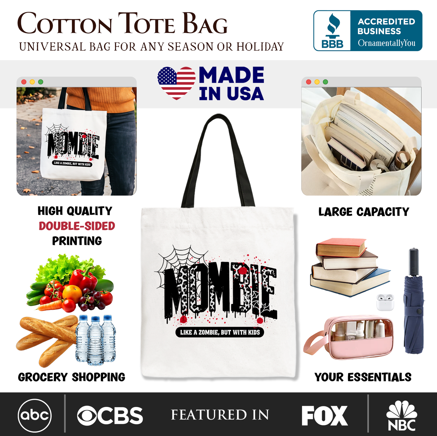 Mombie Like a Zombie But With Kids Tote Bag, Funny Halloween Mom Horror Gift Shopper