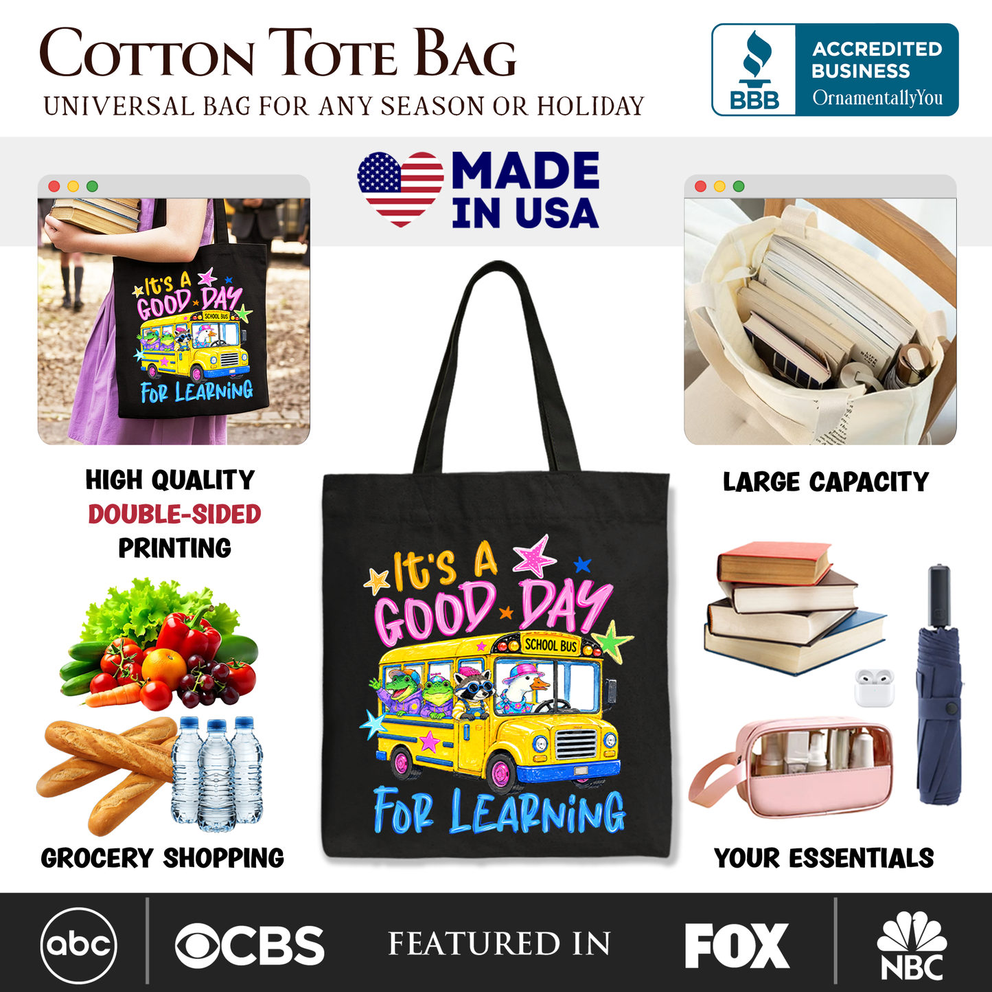 School Bus Good Day for Learning Tote Bag, Funny Back to School Gift Shopper