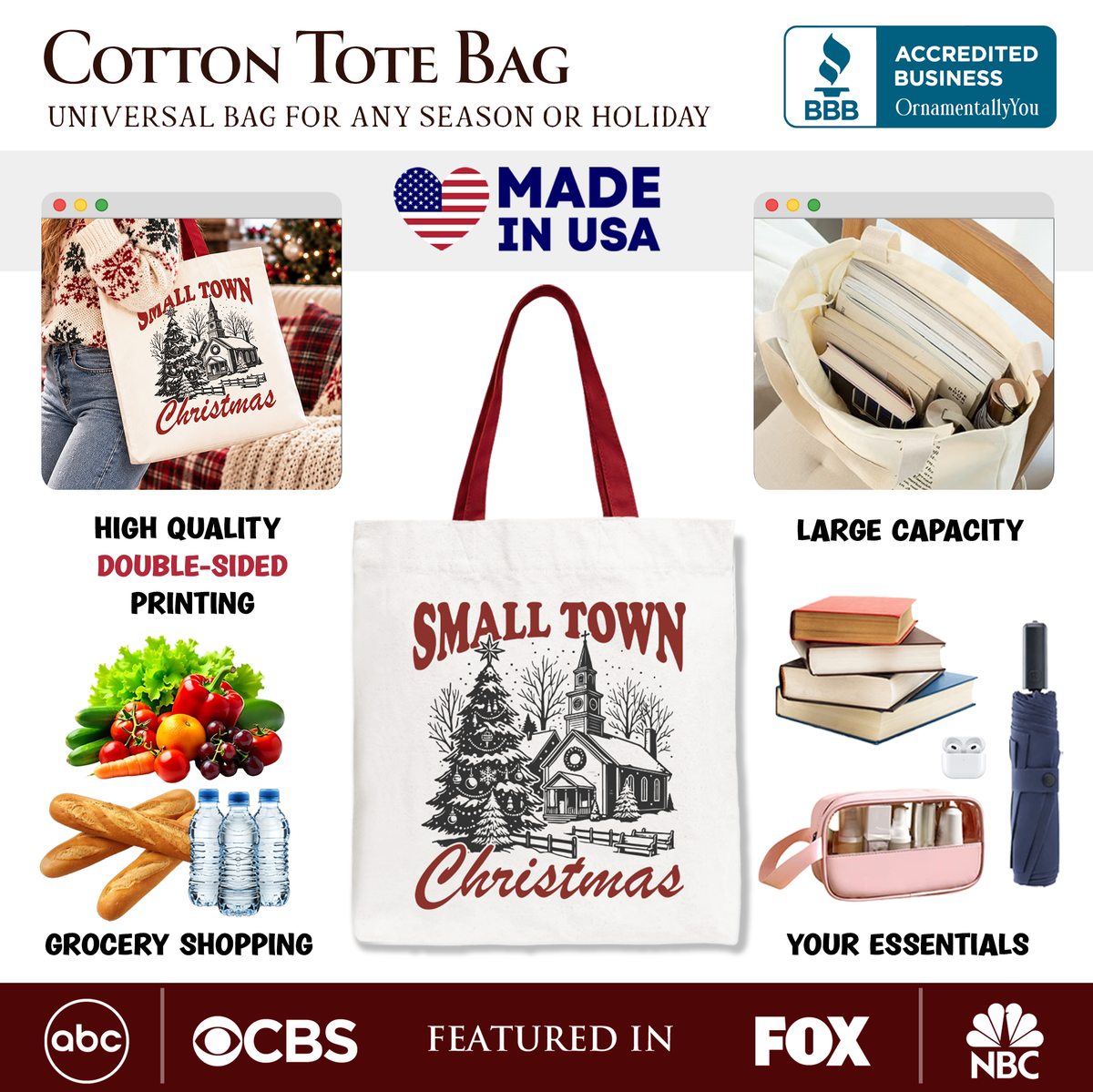 Small Town Christmas Vintage Tote Bag, Rustic Winter Church Gift Shopper