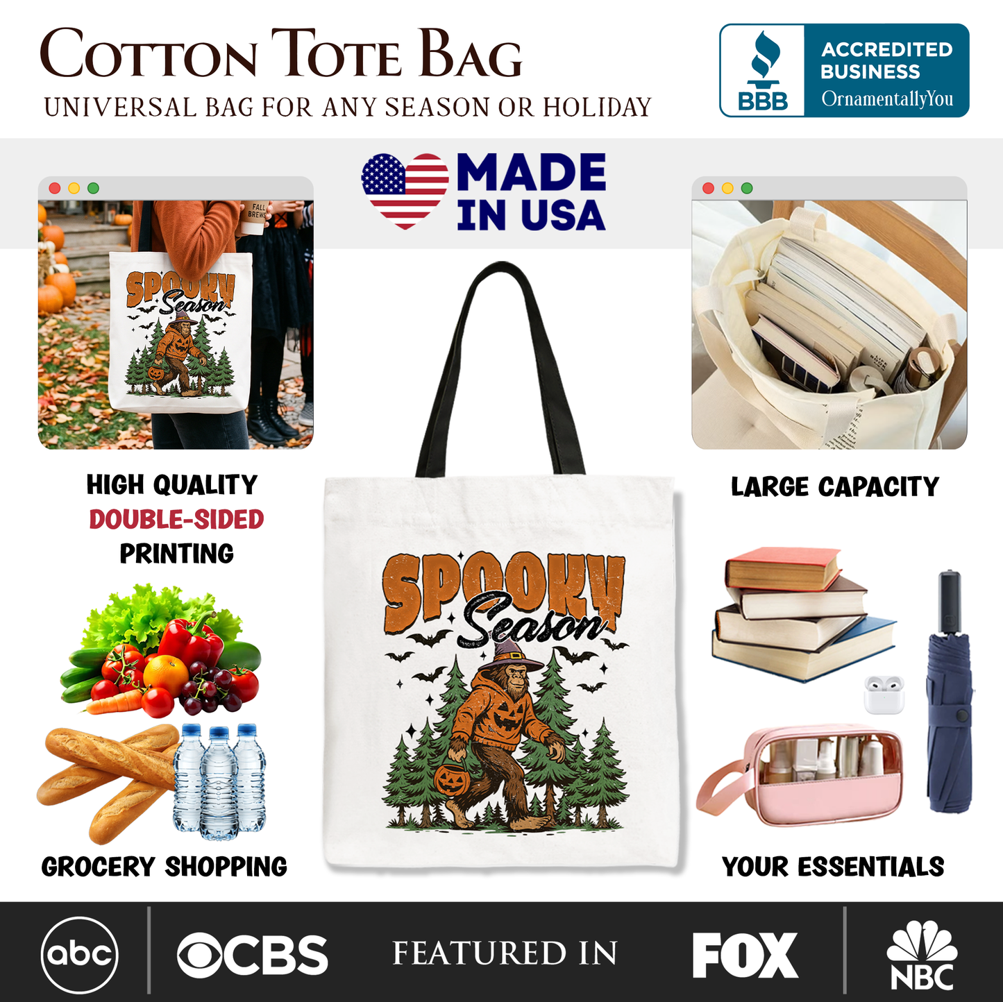 Spooky Season Bigfoot Tote Bag, Halloween Sasquatch Pumpkin Gift Shopper