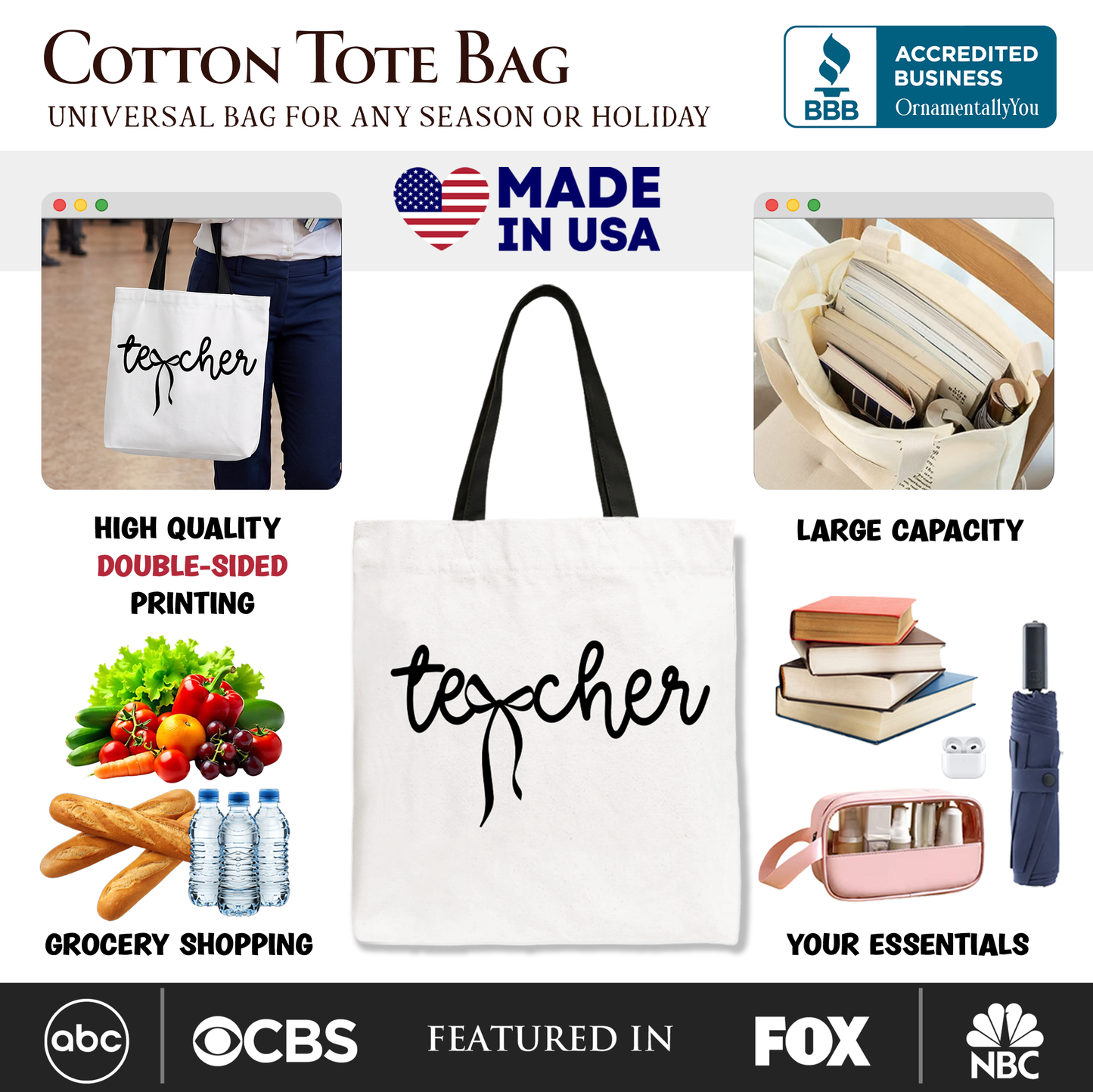 Teacher Coquette Bow Tote Bag, Minimalist Back to School Gift Shopper