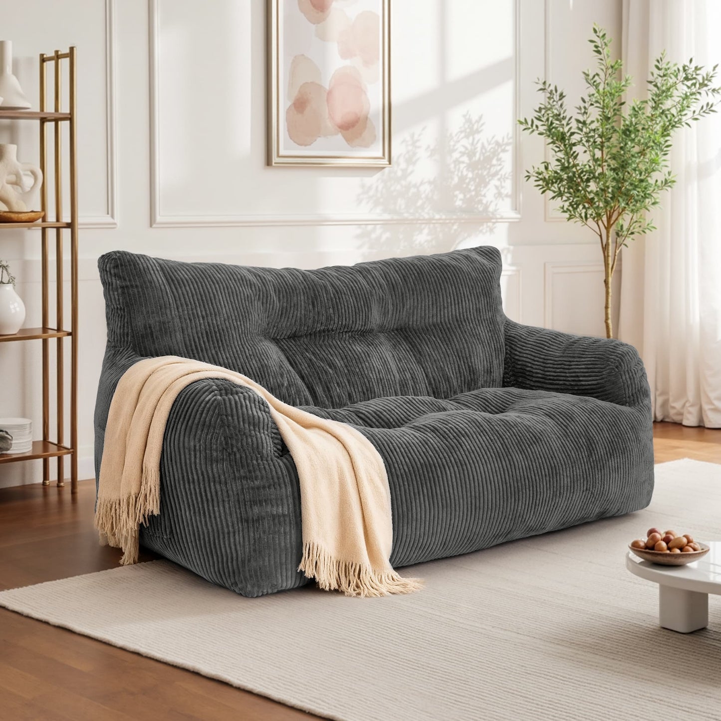 2-Person Bean Bag Sofa Chair, 63" Wide Corduroy with Memory Foam