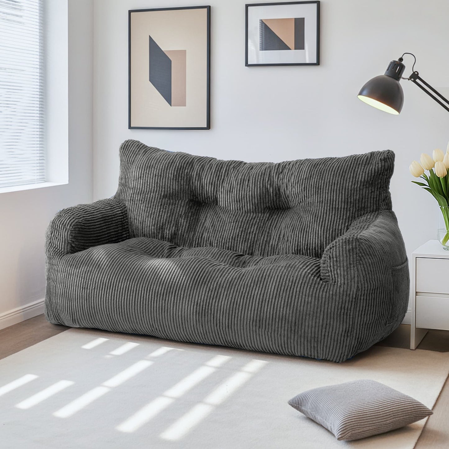 2-Person Bean Bag Sofa Chair, 63" Wide Corduroy with Memory Foam