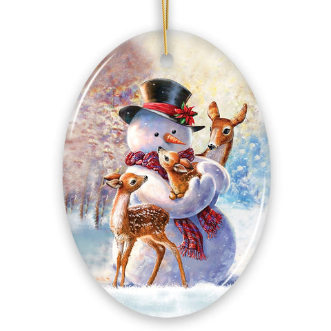 Charming Delicate Snowman and Fawns Christmas Ornament, Winter Deer Love Scene