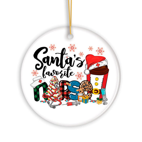 Cheerful Holiday Plaid Santa’s Favorite Nurse Christmas Ornament