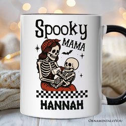 Spooky Mama Skeleton Halloween Personalized Mug, Momster Retro Checkered Gift with Custom Name